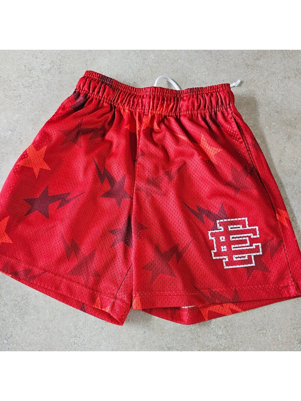 Eric Emanuel Red Basketball Shorts with Star and Lightning Pattern, Size Small